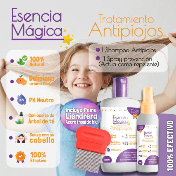 Esencia Mágica ANTIPIOJOS 100% NATURAL SHAMPO+SPRAY 🎁PEINE ACERO INOXIDABLE